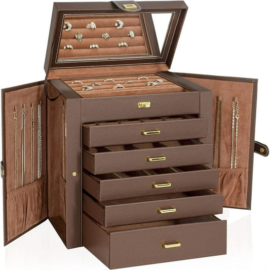 6-Tier Jewelry Box Organizer with 5 Drawers Leather Jewelry Storage Case for Women Girls Ring Necklace Earring Bracelet Holder Organizer with Mirror Grey