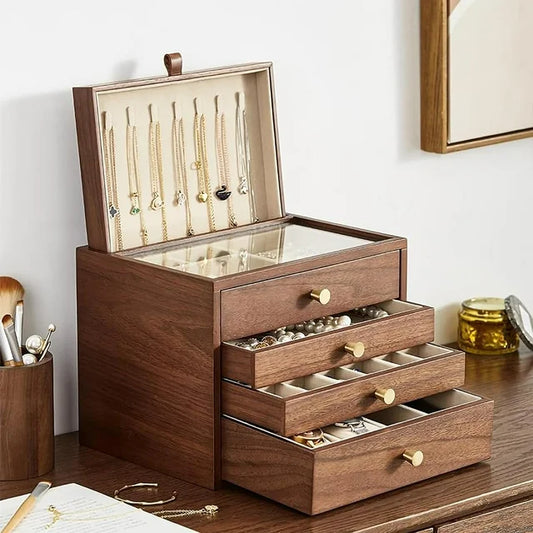 Black Walnut Wooden Jewelry Box for Women 4 Layer with Glass Lid and Pull-out Necklace Storage Layer Watch Necklace Ring Earring Storage