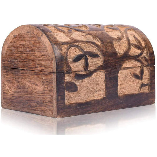 Handmade Decorative Wooden Jewelry Box With Tree of Life Carvings Jewelry Organizer Keepsake Box Treasure Chest Trinket Holder Watch Box Storage Lock Box (Natural Finish)