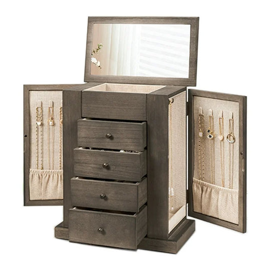 Jewelry Box for Women, 5 Layer Large Wood Boxes & Organizers for Necklaces Earrings Rings Bracelets, Rustic Organizer with Drawers and Mirror